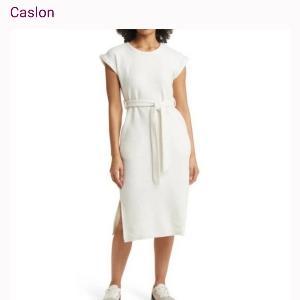 Nordstrom Women's Caslon Cream textured Belted Midi Dress